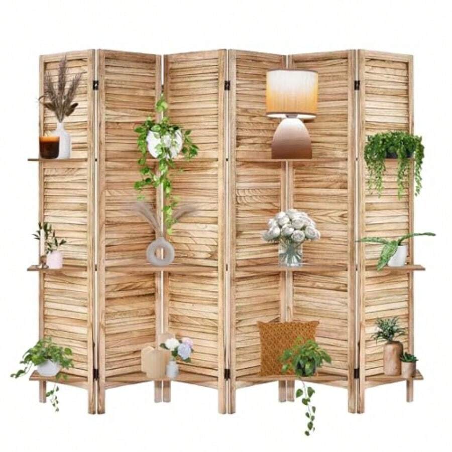 Seraphiel Biombo Plegable de Madera - Biombos Separadores de Ambiente Divisor de Habitacion Mampara Separador de Ambientes Celosia Biombos Separadores de Ambiente 6 Paneles con Repisas Decorativas - como en la foto - Ver 1