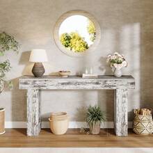 LITTLE TREE Farmhouse Console Table, 63-Inch Long Wooden Sofa Table Behind The Couch, Narrow Entryway Table For Entrance, Hallway, Living Room, Distressed White - Distressed White - View 3