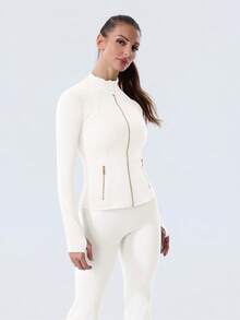 Women's Long Sleeve BBL Jacket With Pockets And Thumb Holes, Running Workout  Activewear Top - Ngà voi/Vàng - Xem 4