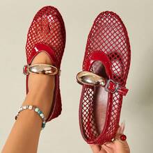 2025 Summer New Round Toe Fishnet Hollow Ballet Shoes Fashion Flat Shoes High-End Feel - 紅色帶扣 - 查看 3