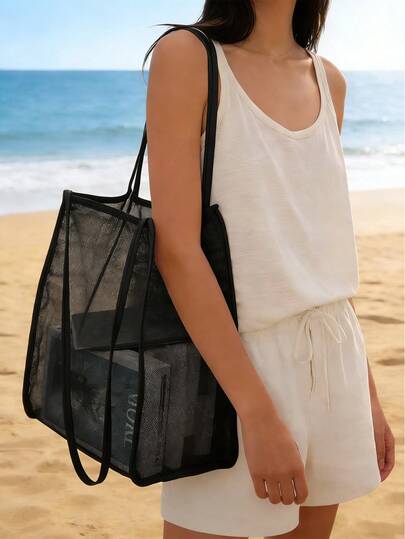 Bolso de playa y de viaje plegable de gran capacidad y peso ligero para mujeres - Bolso de mano de nailon de malla transpirable, bolso de hombro portátil, bolso de playa ligero de viaje, bolso de mano versátil y de moda para ir y venir, bolso de compras multifuncional, bolsa de almacenamiento, adecuado para gimnasio, natación, viajes, negocios, verano, vacaciones, uso diario - Opciones de multicolor (se puede llevar en la mano o en el hombro), bolso esencial de viaje