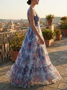 蓝色多色深V领无袖系带A字型花卉网纱荷叶边下摆婚礼派对晚礼服 - 查看 2