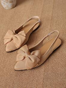 Women's Pointed Toe Backless Bow Design Flat Sandals, Elegant Casual Black Slingback Flat Shoes For Spring/Summer - Khaki - View 2