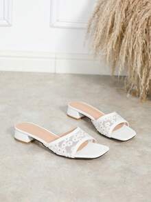 女士方头绑带低跟凉鞋，白色花卉网眼拼接，通勤约会皆宜，舒适防滑粗跟拖鞋 - 白色 - 查看 6