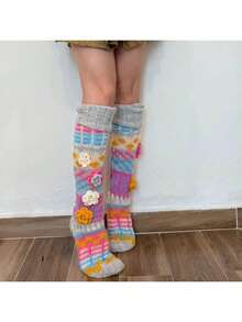 Women's Thigh High Socks Over The Knee Cable Knit Boot Socks, Boho 3D Flower Multicolour Embroidery Long Stcokings Winter Warm Christmas Holiday Leg Warmers - 粉色 - 查看 6