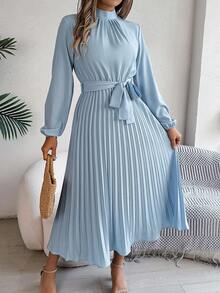 Casual Elegant Tie-Up Pleated Hem Dress, Spring/Summer - Baby Blue - View 4