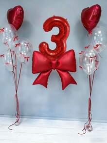 12pcs Birthday Decoration Set, Large Red Bow Foil Balloons, 40-Inch Red 0-9 Birthday Number Balloons, 18-Inch Red Heart Balloons, Clear Latex Balloons (With Balloon Ribbons), Suitable For Birthday Party, Anniversary Decoration - Multicolor - View 3