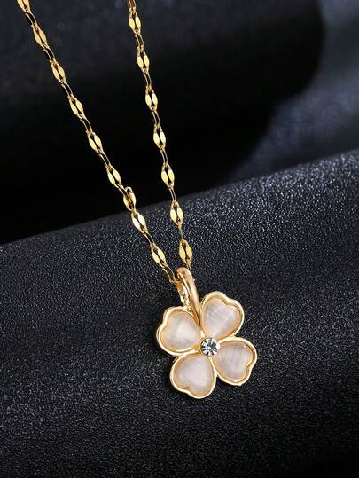 1 pieza Elegante y elegante collar con colgante de piedra de ojo de gato y flor de cuatro hojas para mujeres, adecuado para uso casual, puede ser un regalo para familiares, amigos, esposa