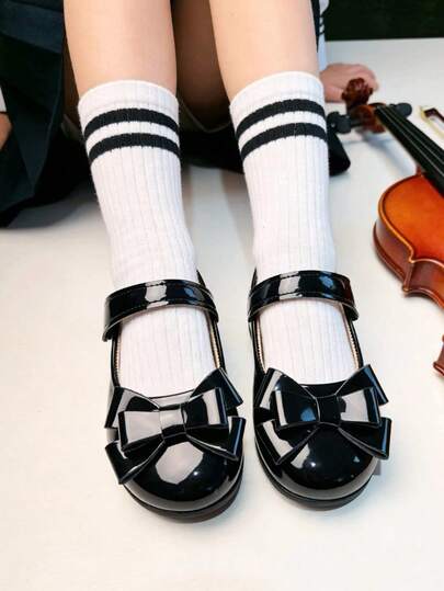 1 Pair Girls' Hook And Loop Casual Versatile Bow Decor Shoes, Round Toe Soft Bottom Shoes, Suitable For 3-12 Years Old