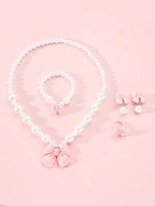 5pcs/Set Girls Cute Bow Pearl Jewelry Set, Includes Necklace, Bracelet, Earrings And Ring, Suitable For Girls Daily Wear And Party Birthday Gift - Multicolor - View 5