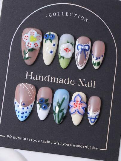 10pcs/Set European And American Handmade Almond Nail Stickers In Y2K Multi Color French Style & 3D Handcrafted White Engravings & 3D Handcrafted Blueberries & Hand Painted Green Leaf Polka Dot Design For Nail Decoration. 1 Piece Of Jelly Gel And 1 Nail File. Perfect For Daily Life As Well As For Costumes At Coachella Music Festival, Press On Nails And Nail Care Products. Nail Supplies