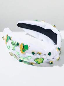 1件圣帕特里克节波西米亚风白色和绿色布料三叶草帽头箍，金属合金打结宽檐头饰，适合派对、庆典、游行、日常佩戴 - 白色 - 查看 2
