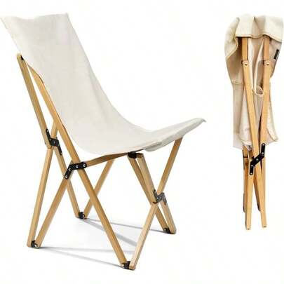 Crystals Folding Butterfly Chair, Beech Wood & Canvas, Beige, Outdoor, Garden, Patio, Foldable, Rustic, Recliner, 150Kg Capacity