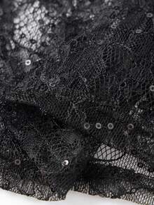 Women T-shirt, Long Sleeve Crew Neck Shiny See-through Lace Tops Slim Sheer T-shirt Clubwear - Negro - Ver 9