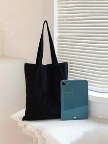 10件套女士简约帆布手提包，敞口帆布单肩包，手提包，简约书包，适合小学、中学、大学生，可作文件袋，旅行包 - 米色 - 查看 5