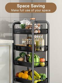 Storage Cart With Drain Basket, Mobile Shelving Unit Rolling Utility Cart, Rolling Cart, Rolling Pantry Organizers, Kitchen Organizer, Organization For Living Room, Bathroom, Kitchen Office, Black - 黑色 - 查看 3