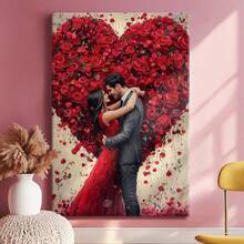 1pc Valentine Day Gift, Spring Wall Art, Christmas Decor Wrapped Framed Canvas Wall Art, Vintage Prints Poster, Romantic Couple, Red Roses, Heart Shape - Floral, Realistic, Romantic, Detailed Style, Birthday Party Decor, Decorative Wall Art for Living Room Bedroom Office, Hanging Hardware Included - Wrapped Framed Canvas, Vertical - Lienzo enmarcado - Ver 3