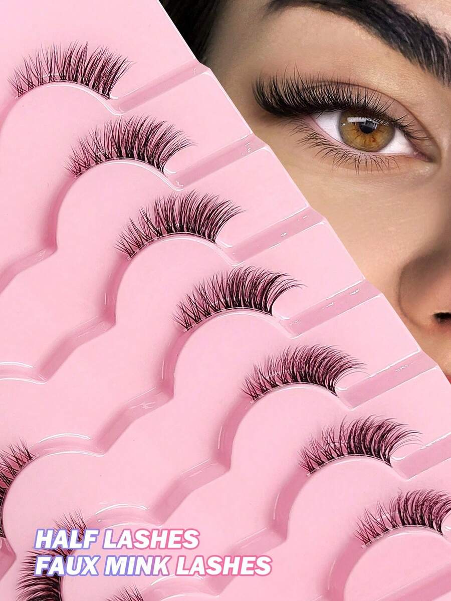 7 Pairs Transparent Band Soft Natural Cat Eye Effect False Eyelashes, Makeup Tools, Lengthening, Fluffy Faux Mink Lashes, Strip Lashes, Eyelashes, False Eyelashes