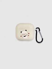 1pc Cute Bear Print Matte White Protective Case With Black Hook, Compatible With Apple Bluetooth Earphones (Case Only, Earphones Not Included) - Beige - View 2