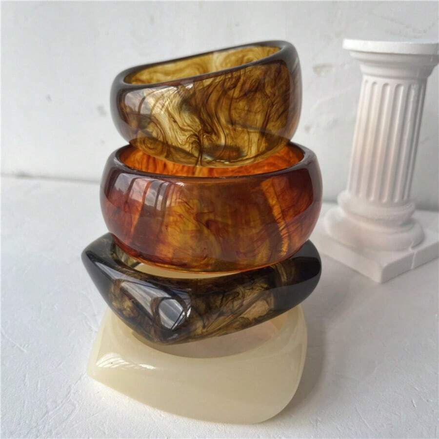 1/4件 复古宽几何大号夸张宽几何弧形椭圆棕色树脂大理石纹手镯 女士棕色不规则粗手镯 透明手镯 首饰礼物 女士女孩 2026新款 - 彩色 - 查看 1