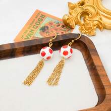 Fashionable Ceramic Basketball Tassel Earrings, 18K Gold Plated Stainless Steel Creative Earrings, Suitable For Women's Daily Wear Or Holiday Gifts - Red and White - View 3