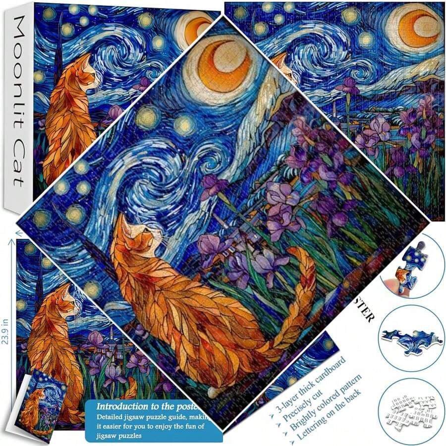 PICKFORU Rompecabezas de Gato para Adultos, 1000 Piezas, Rompecabezas de Vidrieras con Flores de Iris Púrpura, Noche Estrellada, Iluminado por la Luna para los Amantes - Morado - Ver 1