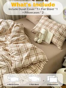 4件套经典简约日式格纹被套床品套装，柔软舒适，可拆卸双层纤维被芯（1个被套+1个床单+2个枕套，不含被芯和枕芯），男女通用，卧室装饰，节日礼物，单人/双人尺寸，枕套图案随机。 - 淺咖 - 查看 5