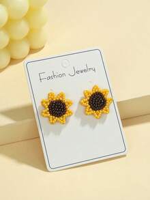 1 Pair Sunflower Seed Bead Earrings - Creative Fashion Jewelry For Women, Classic Yellow Black White Color Scheme, Sunny And Healing Style - Multicolor - View 10