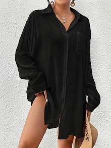 New Spring And Summer Women's Casual Long-Sleeved Cool-Feel Refreshing Lapel Plus-Size Plain Shirt - màu đen - Xem 1