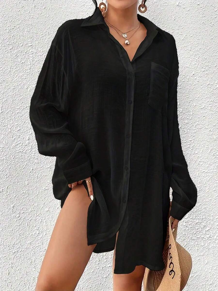 New Spring And Summer Women's Casual Long-Sleeved Cool-Feel Refreshing Lapel Plus-Size Plain Shirt - màu đen - Xem 1