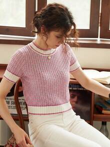 Knit Mix 优雅女士时尚条纹短袖T恤，撞色设计，修身剪裁，休闲百搭，法国厚面料，通勤必备，适合返校季、秋冬季节，也适合圣诞节、感恩节和新年假期穿着。 - 紫丁香色 - 查看 7