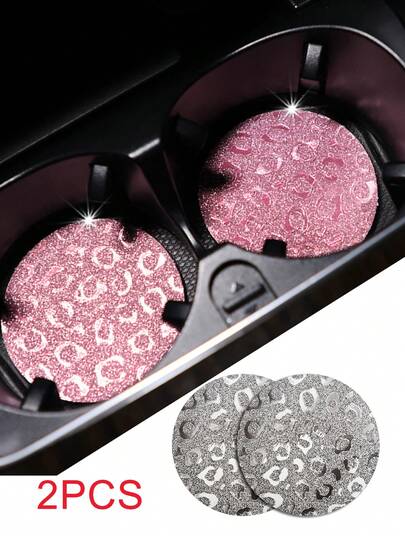 2 Pieces Glitter Leopard Print Car Cup Coasters | Stylish Car Interior Decor Leak-Proof Mats | Non-Slip Wear-Resistant Vehicle Cup Holder Pads | Available In Sweet Pink/Silver