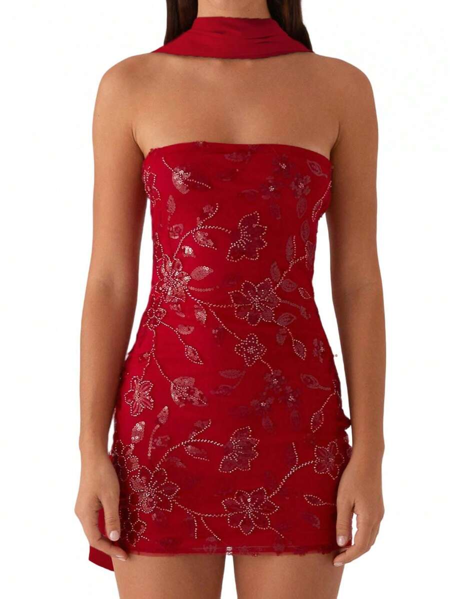 Women Summer Mini Bandeau Dress Sleeveless Off Shoulder Flower Embroidery Tube Top Dress With Scarf - Red - View 1