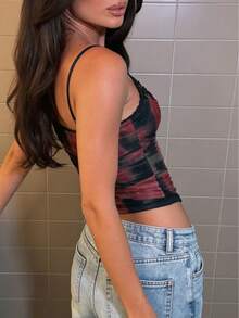 Women's Y2K Tie Dye Mesh Crop Cami Top With Lace Trim, Sheer Layering Camisole For Summer Outfits, Going Out - 玫瑰紅 - 查看 7