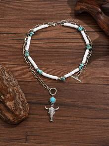 2pcs/Set Hippie Bohemian Soft Clay Bead Necklace With Turquoise Bull Head Pendant, Handmade Beaded Choker Necklace, Vintage Suitable For Women's Daily Outfit, Decoration And Party/Holiday Wear - Multicolor - View 2