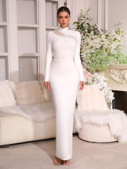 Modphy Romantic Black Long Sleeve Women's Formal Dress, Elegant Bandage Collar Maxi Dress Decorated With Pearls, Suitable For Formal Banquets, Holiday Parties And Other Occasions