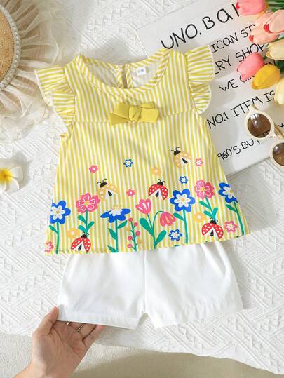 女婴条纹碎花上衣和休闲短裤套装，日常休闲装