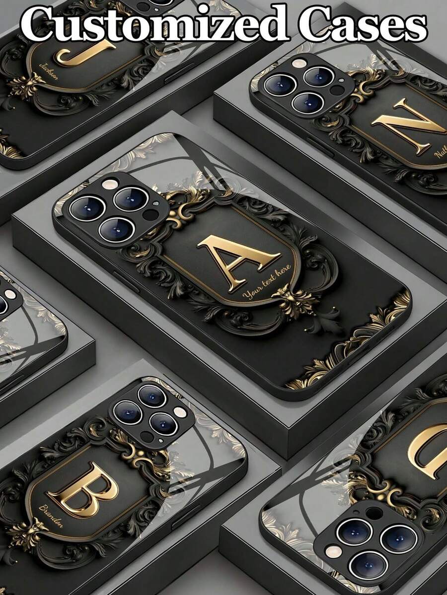1个可定制复古雕刻边框金色字母设计钢化玻璃手机壳,兼容 17 Pro Max/17 Air/15/16 Pro/14 Plus/13 Pro/12 Pro Max/11/Xs Max/8/7/6 Plus、S24 Ultra/S25 Ultra,兼容Redmi NOTE 13/14、Redmi K40、小米11,时尚商务定制礼品,送给家人、同事、朋友,国际版,非国内版 - 黑色 - 查看 1