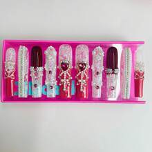 NailLush 10 PCS Handmade Square Press-On Nails(2.1inch)| Lace Pearl Gorgeous Style Rose Red Acrylic Nails, 3D Heart Gemstone Embellished (Tool Kit Included) - 玫瑰紅 - 查看 8