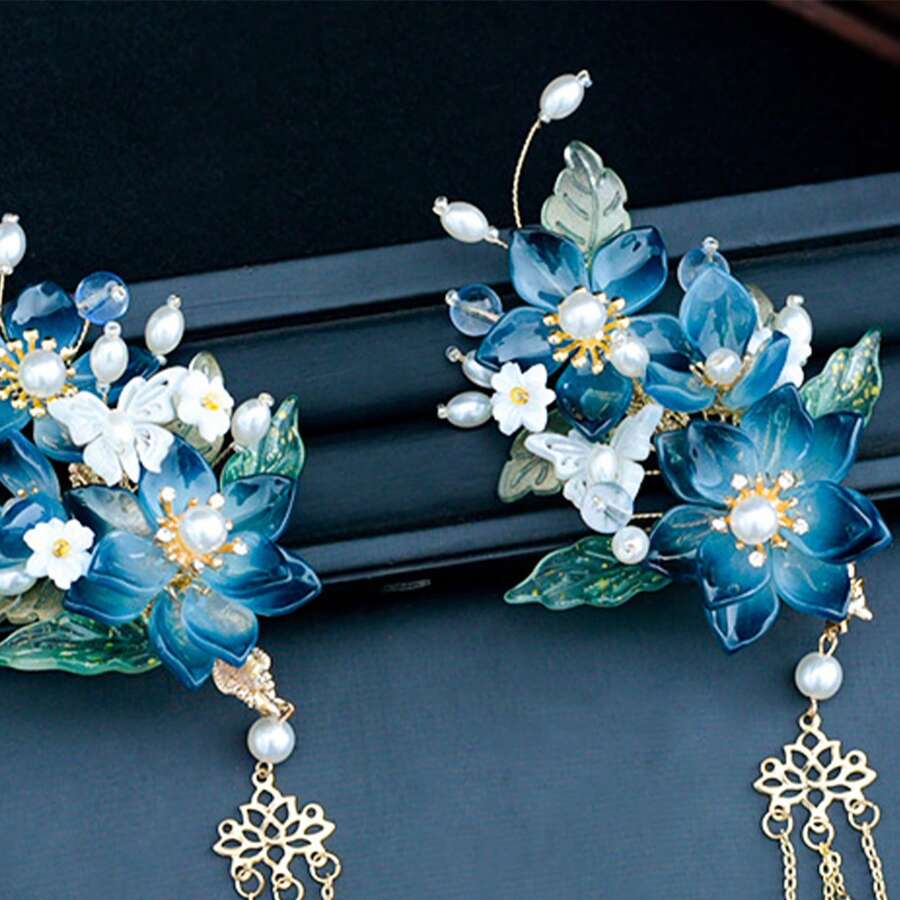 Chinese Style Colored Glaze Hairpins Handmade Fringed Hair Weaving Jewelry For Thick Curly Hair Styling Decorative - Màu xanh lam - Xem 1