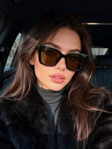 1pc Retro Large Frame Cat Eye Fashion Glasses, High-End Street Style Fashion Glasses For Women - Black Frame Tea Leaves - View 1