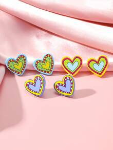 3 Pairs/Set Women's Valentine's Day Romantic Heart Print Acrylic Stud Earrings, Sweet & Cute