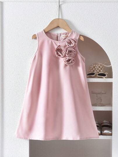bearleader Vestido de niña de 3 a 7 años de elegante unicolor con cuello redondo y sin mangas con flores 3D