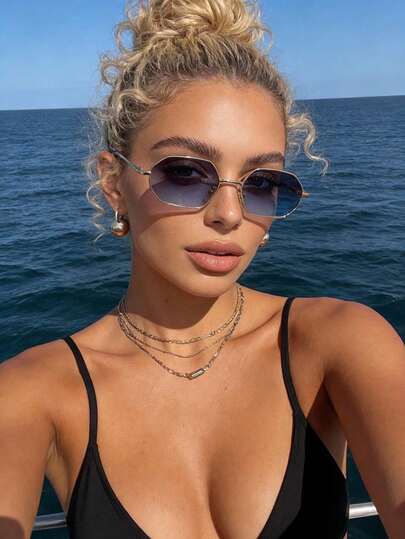 1 Pair Women's Geometric Small Full-Frame Metal Frame Gradient Lens Y2K Elegant Classic Timeless Fashion Fashion Glasses, Suitable For Street Photography And Business Occasions