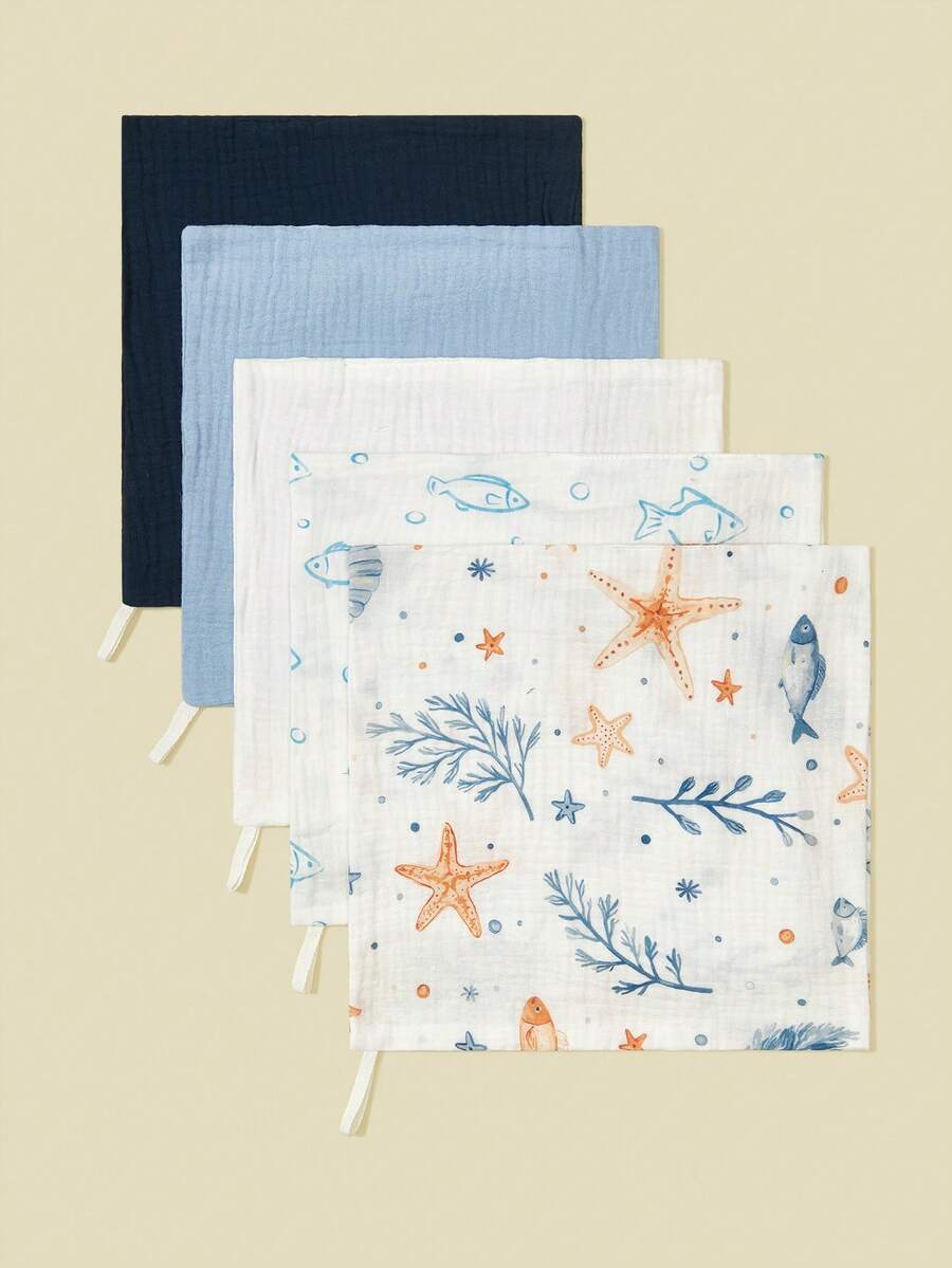 Bộ 5 chiếc yếm ăn cho bé bằng vải cotton mỏng in hình hoa và động vật hoạt hình, khăn ăn, khăn lau nước bọt. - Nhiều màu - Xem 1
