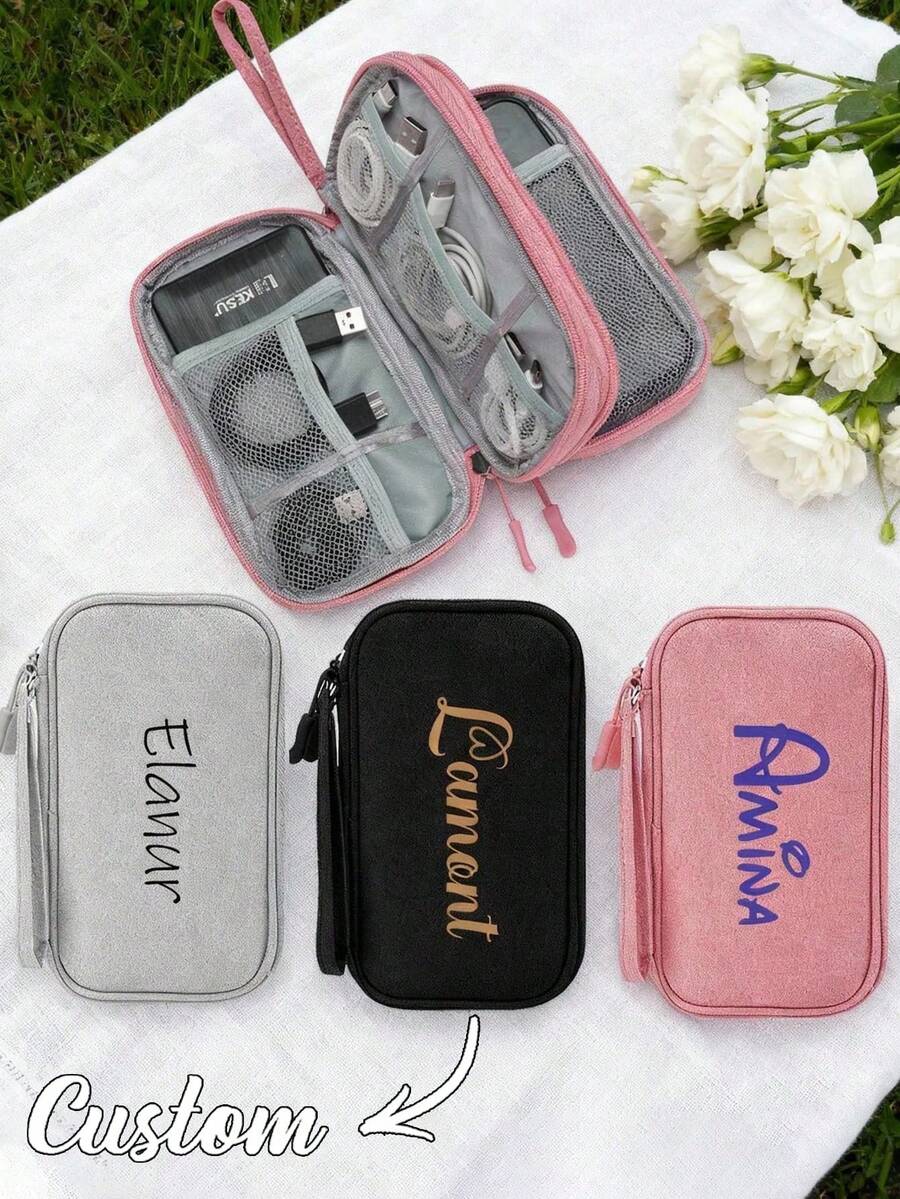 可定制数码收纳包，个性化电子产品L型收纳包，手机充电器数据线收纳包，便携式旅行收纳包，多功能收纳包，可定制姓名，大容量，适合日常使用、通勤、上学、外出和旅行
