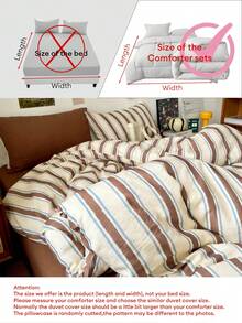 四件套经典简约日式蓝棕条纹床上用品，薄荷绿和深巧克力色调，柔软舒适，可拆卸双层纤维内芯（1个被套+1个床单+2个枕套，不含被芯和枕头），男女通用，卧室装饰，节日礼物，单人/双人尺寸，枕套图案随机裁剪 - 深咖色 - 查看 8