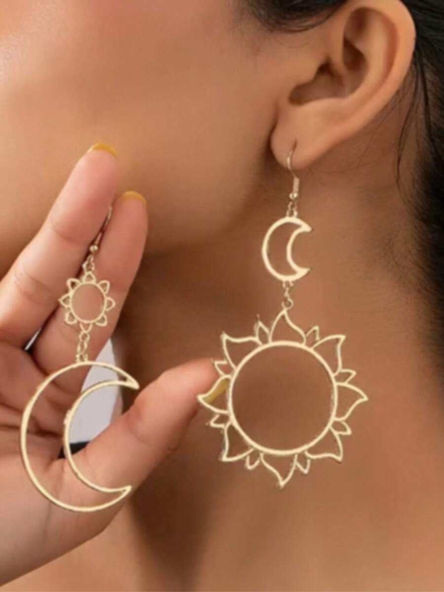 创意不对称日月耳环，女士礼物 - 金色 - 查看 1