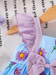 2件套女婴碎花连衣裙配同款帽子套装，春夏款 - 藍色 - 查看 6