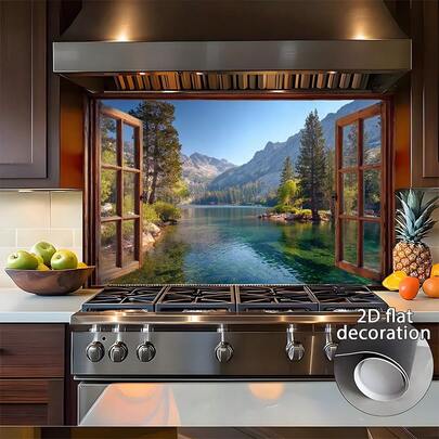 1 Stück 2D Flachdesign Landschaftsgemälde von Bergen und Seen, perfekt für die Küchendekowand. Einfach anzubringen, langanhaltend und aus hochwertigem PVC Selbstklebematerial gefertigt. Ideal für Heimdekoration und moderne Küchenwaandaufkleber.